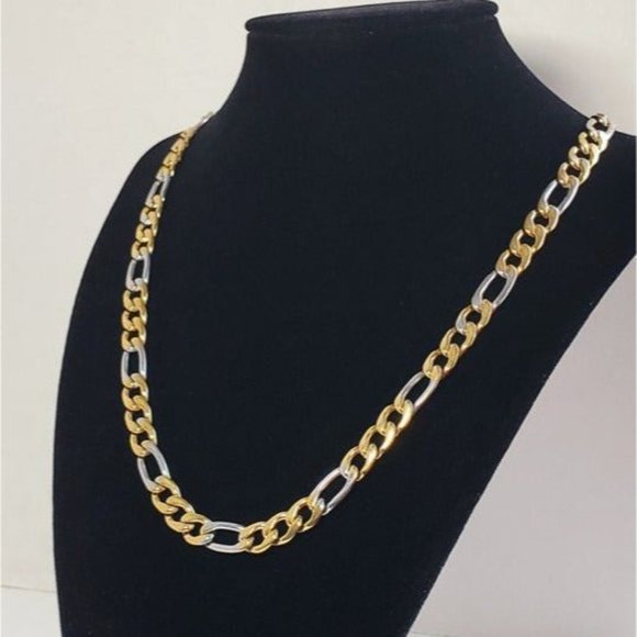 28" Womens 18K Gold Silver Mixed Two Tone Figaro Chain Link Necklace Jewelry 18 - Picture 1 of 4
